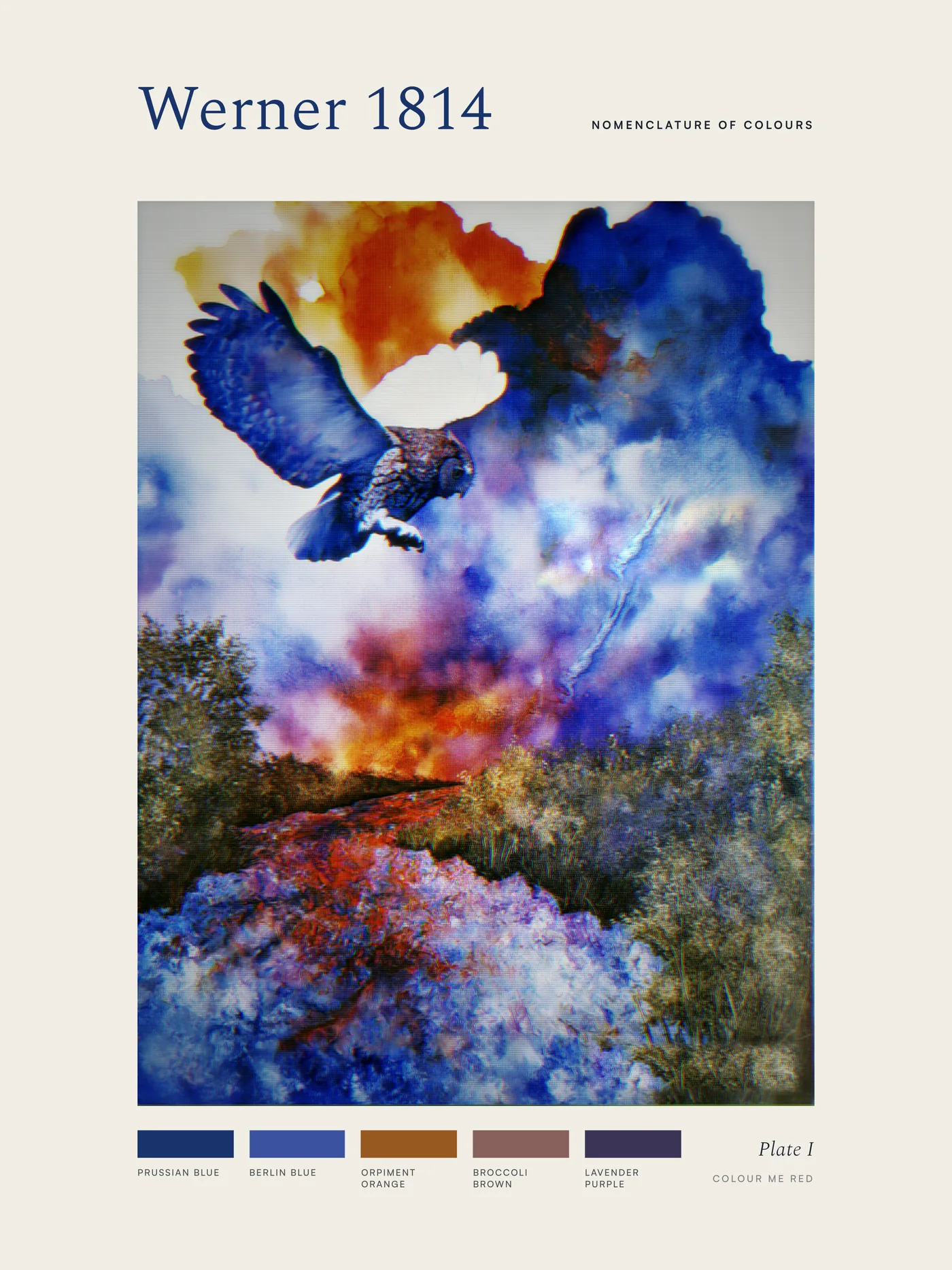 Werner poster: an owl in Prussian blue over a watercolour landscape, with five named colour chips beneath.
